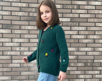 Beetle cardigan for kids. Long slouchy hand knit cardigan. Chunky knit alpaca sweater.  Embroidered beetles oversized girl cardigan.