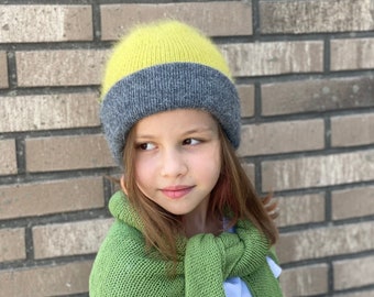 Slouchy knit hat for girls and women. Fluffy winter hat. Double knit hat for winter. Gray wool beanie. Angora knit hat women. Fuzzy hat girl
