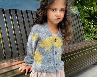 Chunky knit cardigan kids. Oversized Rhino cardigan sweater. Gender neutral unisex toddler sweater. Hand knit sweater with animal print.