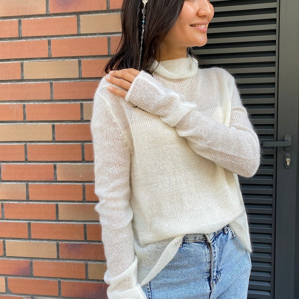 See through hign neck sweater for women. White turtleneck sweater for Her.  Christmas gift for Her. Lightweight hand knit mohair sweater.