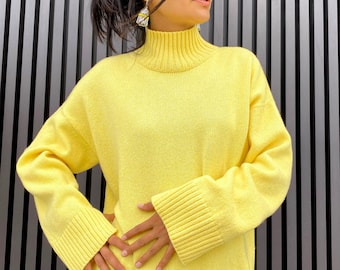 Yellow turtleneck sweater for women. Oversized sweater.  Loose sleeve wool sweater.  High neck hand knit sweater. Cristmas gift for Her.