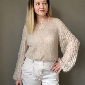 See through mohair sweater with loose sleeves for women. Hand knit mohair sweater. Lightweight baloon sleeves beige pullover sweater for Her image 1