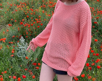 Knit cotton sweater for women. See through summer sweater.  Beach coverup. Oversized sweater. Long loose knit sweater. Cool net sweater