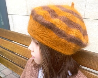 Fluffy striped beret for girls. French style knit beret hat with stripes. Mink yarn fuzzy hat. Teenager gift. Autumn and winter fashion hat