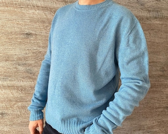 Cashmere sweater for Him. Knit cashmere sweater Men. Crew neck sweater. Super lightweight blue sweater. Warm wool sweater men. Gift for Him.