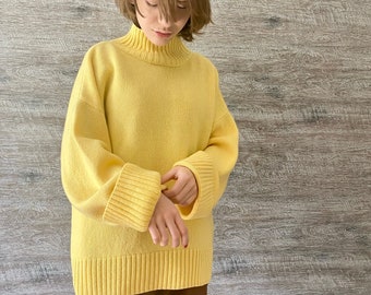 Yellow turtleneck sweater for women. Oversized nordic hygge sweater.  Loose merino wool sweater.  Fluffy hand knit sweater with high neck.