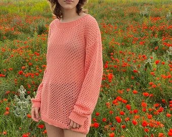 Knit cotton sweater for women. See through summer sweater.  Beach coverup. Oversized sweater. Long loose knit sweater. Cool net sweater