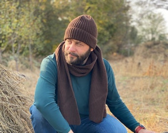 Wool scarf and hat matching set for Him. Slouchy beanie and ribbed scarf in Brown color. Hand knit hat for men. Oversized scarf for men.