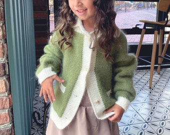 French style jacket for girls. White collar cardigan sweater.  French jacket gift for a girl.  Hand knit cardigan with  pearl buttons.