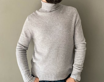 Cashmere sweater for Him. Knit cashmere sweater Men. Turtleneck sweater. Gray Sweater. Fluffy Christmas sweater men.