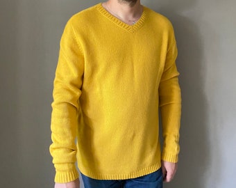 Yellow knit sweater for men. Casual sweater for Him. Merino wool oversized pullover. Father's Day gift. Soft knit sweater for a man.