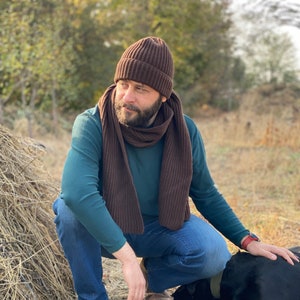 Wool scarf and hat matching set for Him. Slouchy beanie and ribbed scarf in Brown color. Hand knit hat for men. Oversized scarf for men. image 1