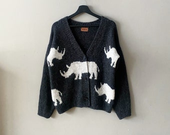 Hand knit cardigan with rhino print. Alpaca cardigan sweater. unisex cardigan. Gender neutral fluffy sweater. Cool chunky knit cardigan.