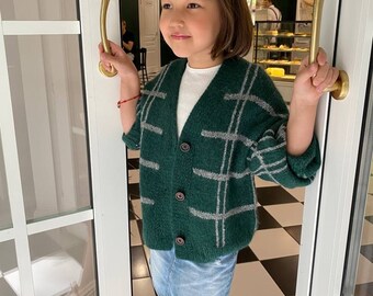 Chunky knit plaid cardigan. Premium alpaca hand knit sweater for kids. Gender neutral toddler sweater. Knit unisex plaid jacket. Preppy kids