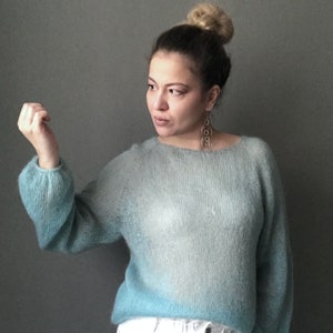 See through mohair sweater for women. Oversized sweater cable knit. Hand knit fluffy sweater for Her. Loose knit longsleeve top for Her. image 2