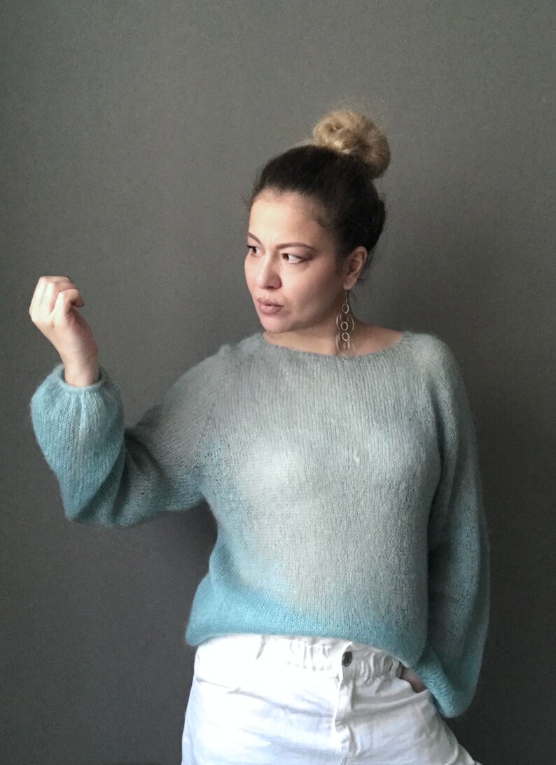 See through mohair sweater for women. Oversized sweater cable knit. Hand knit fluffy sweater for Her. Loose knit longsleeve top for Her. image 2