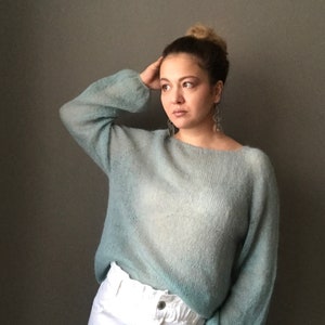 See through mohair sweater for women. Oversized sweater cable knit. Hand knit fluffy sweater for Her. Loose knit longsleeve top for Her. image 3