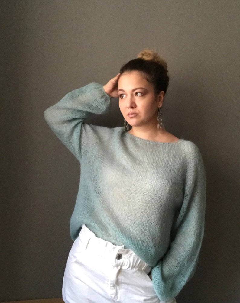 See through mohair sweater for women. Oversized sweater cable knit. Hand knit fluffy sweater for Her. Loose knit longsleeve top for Her. image 3