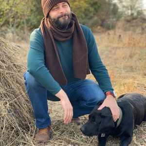 Wool scarf and hat matching set for Him. Slouchy beanie and ribbed scarf in Brown color. Hand knit hat for men. Oversized scarf for men. image 3