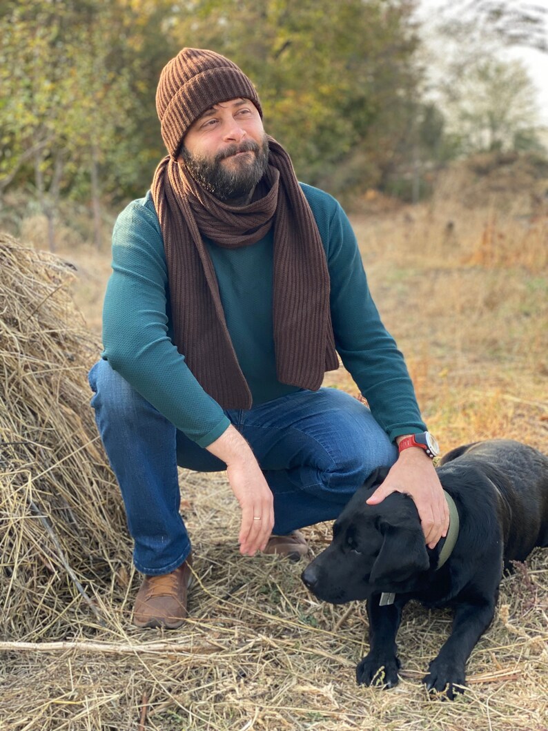 Wool scarf and hat matching set for Him. Slouchy beanie and ribbed scarf in Brown color. Hand knit hat for men. Oversized scarf for men. image 3