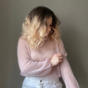 See through mohair sweater for women. Oversized sweater cable knit. Hand knit fluffy sweater for Her. Loose knit longsleeve top for Her. image 5