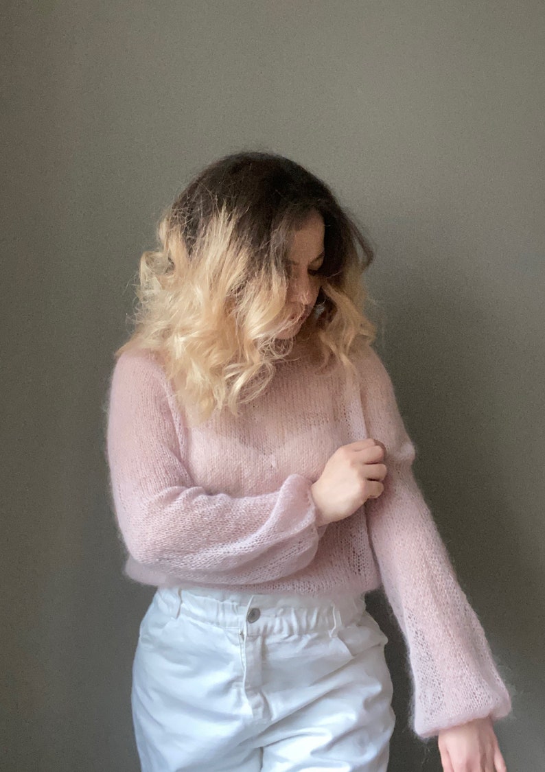 See through mohair sweater for women. Oversized sweater cable knit. Hand knit fluffy sweater for Her. Loose knit longsleeve top for Her. image 5