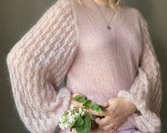 See through mohair sweater with floral print sleeves. Amazing lightweight top for women with baloon sleeves. Extremely soft and beautiful.