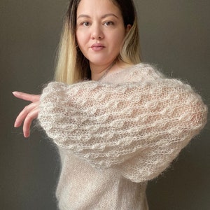 See through mohair sweater with loose sleeves for women. Hand knit mohair sweater. Lightweight baloon sleeves beige pullover sweater for Her image 3