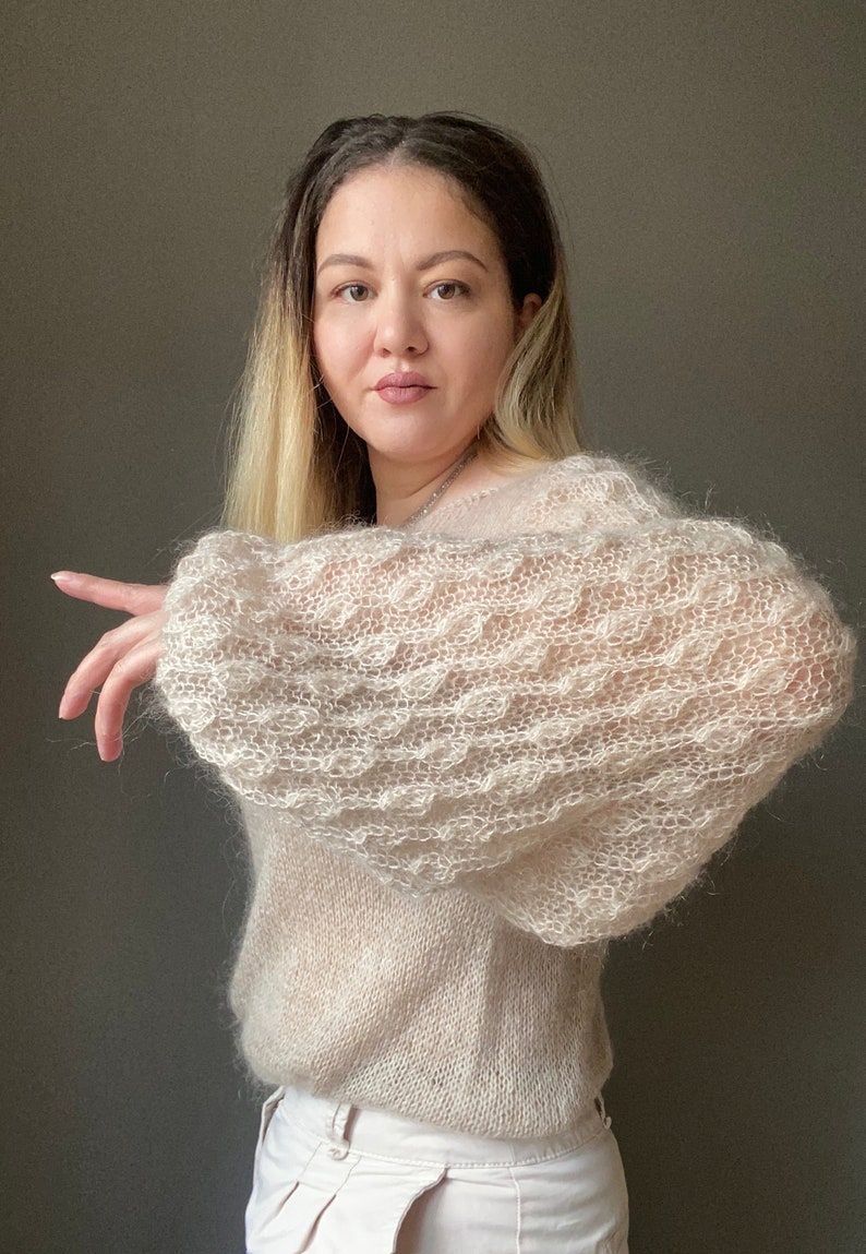 See through mohair sweater with loose sleeves for women. Hand knit mohair sweater. Lightweight baloon sleeves beige pullover sweater for Her image 3