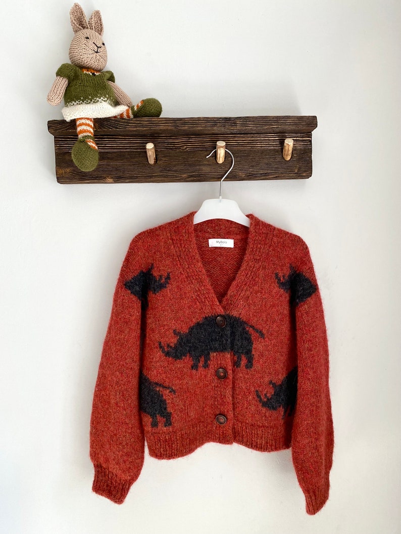 Hand knit rhino cardigan for kids. Oversized chunky knit sweater. Knit bomber jacket. Back to school wear. Gender neutral knit cardigan. image 5
