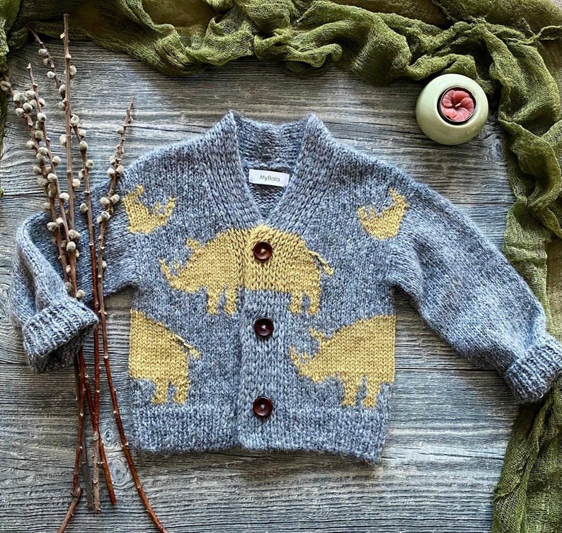 Hand knit rhino cardigan for kids. Oversized chunky knit sweater. Knit bomber jacket. Back to school wear. Gender neutral knit cardigan. image 9