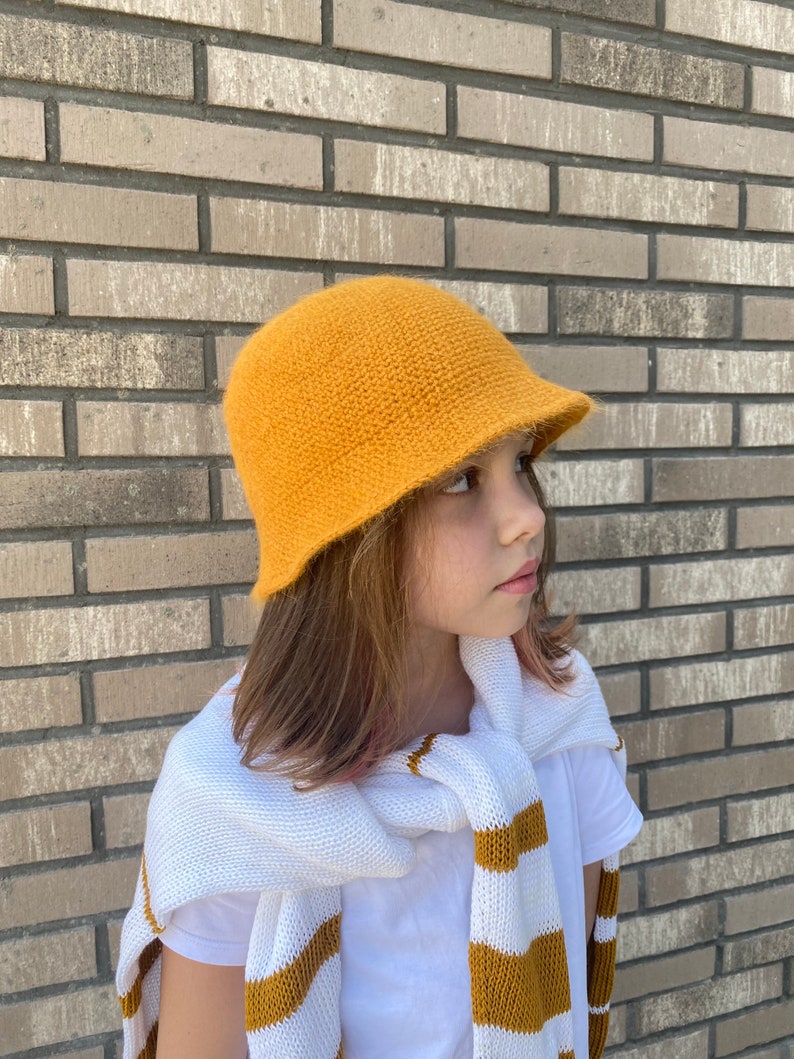 Crochet bucket hat for kids. Custom bucket hat for girls. Fluffy winter hat. Fuzzy bucket hat girl. Knit angora wool hat. Knit bucket hat. image 3