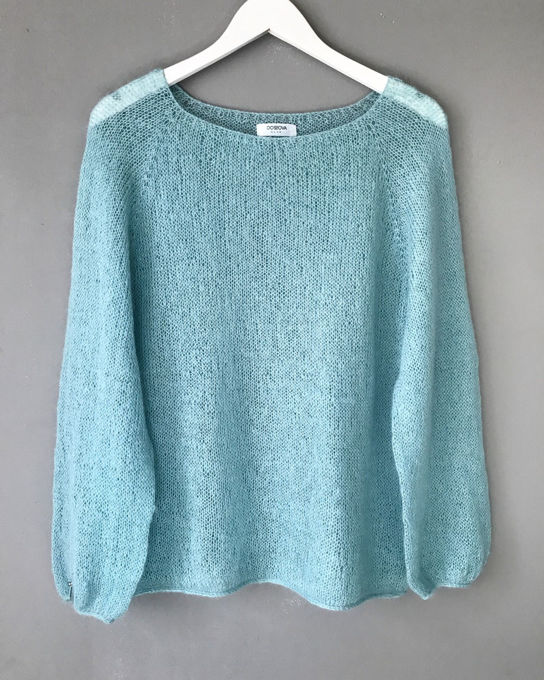 See through mohair sweater for women. Oversized sweater cable knit. Hand knit fluffy sweater for Her. Loose knit longsleeve top for Her. image 8