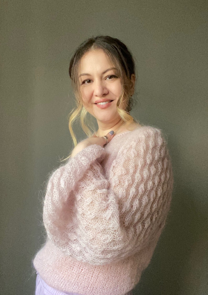 See through mohair sweater with loose sleeves for women. Hand knit mohair sweater. Lightweight baloon sleeves beige pullover sweater for Her image 7