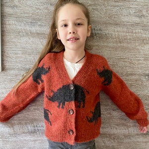 Hand knit rhino cardigan for kids. Oversized chunky knit sweater. Knit bomber jacket. Back to school wear. Gender neutral knit cardigan. image 6