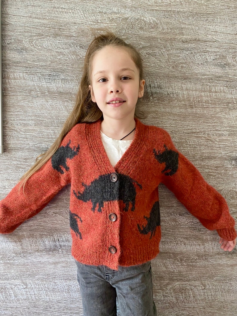 Hand knit rhino cardigan for kids. Oversized chunky knit sweater. Knit bomber jacket. Back to school wear. Gender neutral knit cardigan. image 6