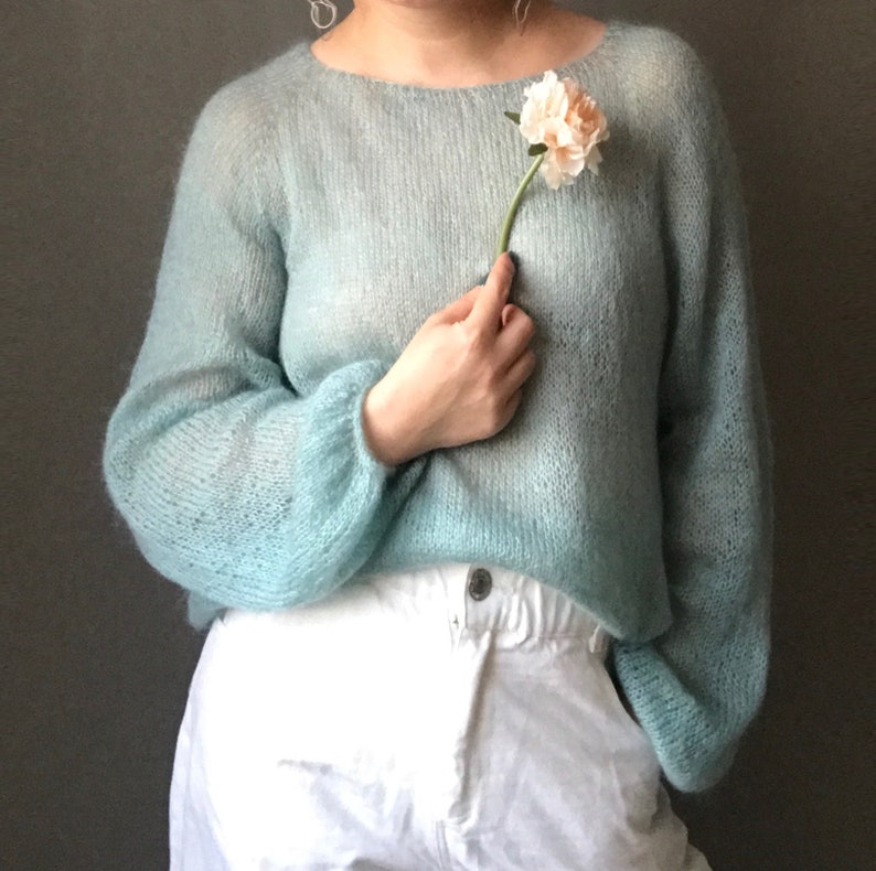 See through mohair sweater for women. Oversized sweater cable knit. Hand knit fluffy sweater for Her. Loose knit longsleeve top for Her. image 1