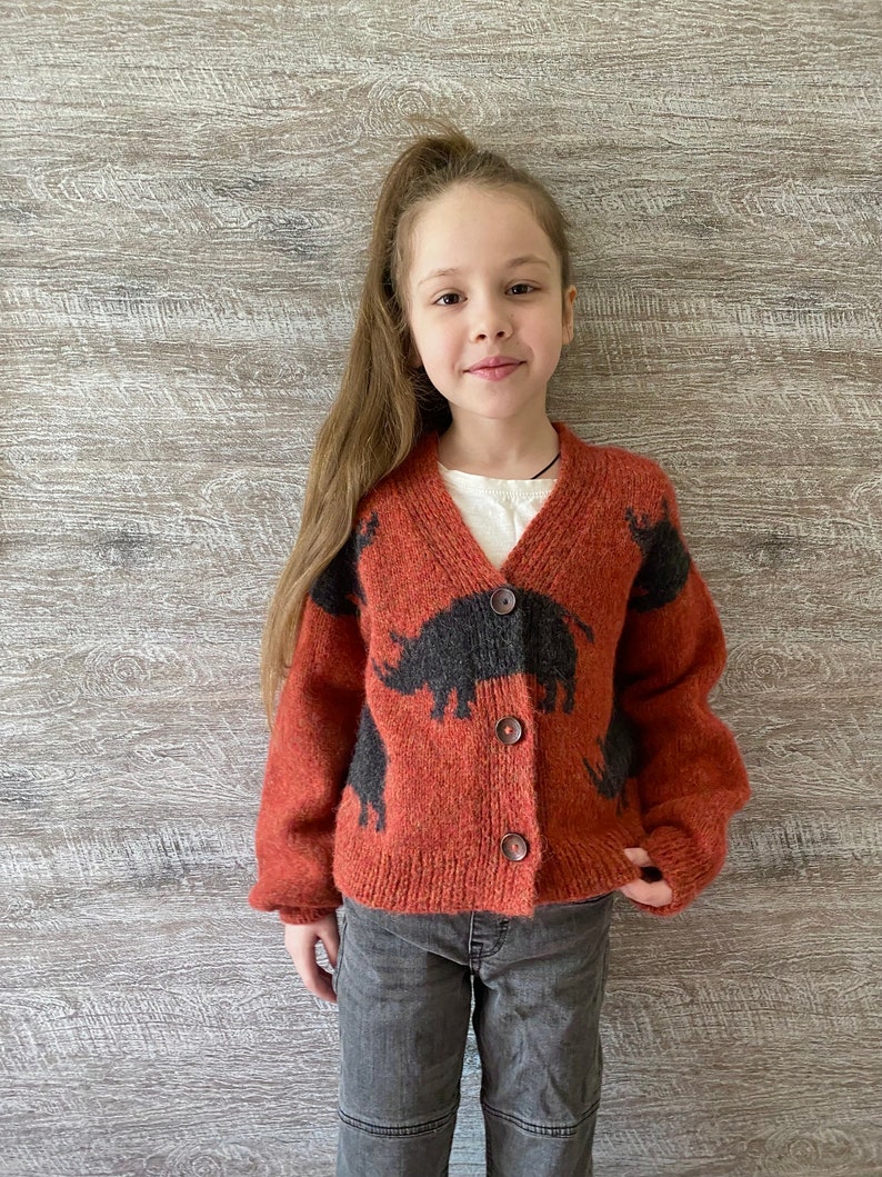 Hand knit rhino cardigan for kids. Oversized chunky knit sweater. Knit bomber jacket. Back to school wear. Gender neutral knit cardigan. image 7