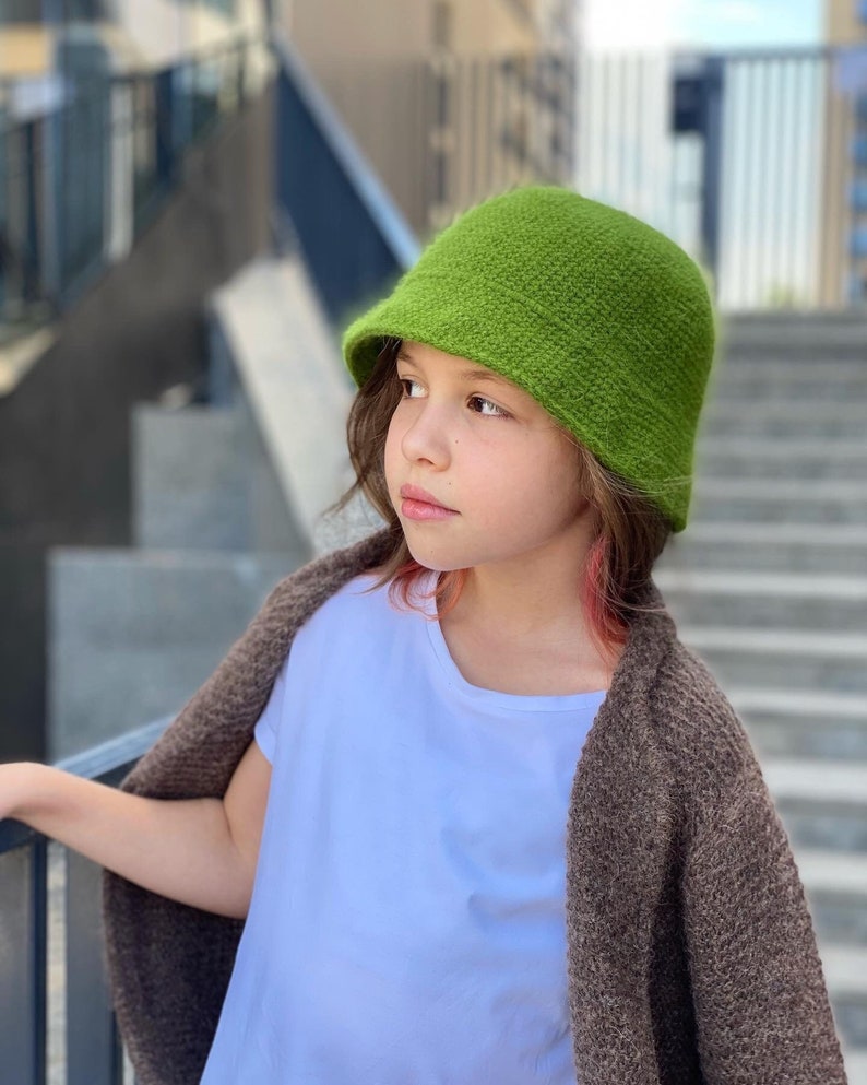 Crochet bucket hat for kids. Custom bucket hat for girls. Fluffy winter hat. Fuzzy bucket hat girl. Knit angora wool hat. Knit bucket hat. image 1