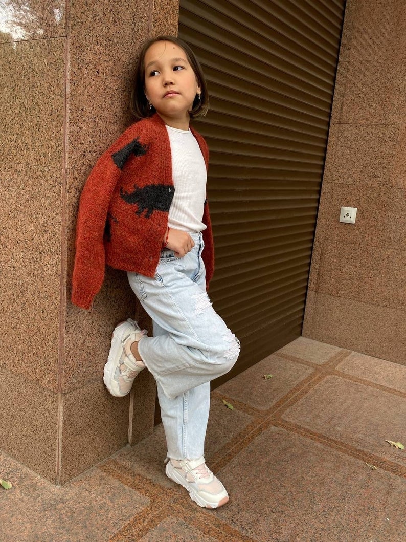 Hand knit rhino cardigan for kids. Oversized chunky knit sweater. Knit bomber jacket. Back to school wear. Gender neutral knit cardigan. image 3