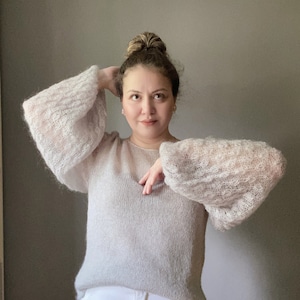 See through mohair sweater with loose baloon sleeves for women. Hand knit beige sweater for her. Floral print sleeve sweater. Custom knit. image 1