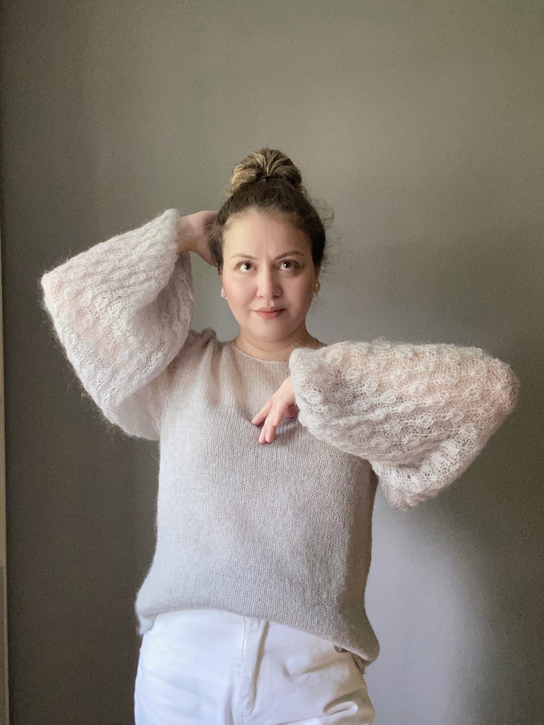 See through mohair sweater with loose baloon sleeves for women. Hand knit beige sweater for her. Floral print sleeve sweater. Custom knit. image 1