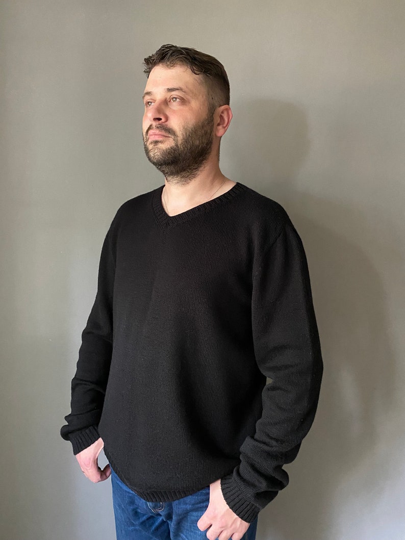 Black knit sweater for men. Casual dark sweater for Him. Merino wool oversized pullover. Father's Day gift. Soft knit sweater for a man. image 3