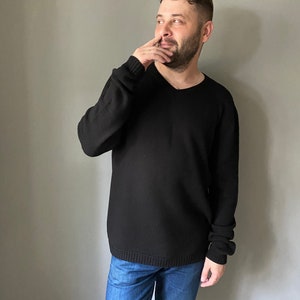 Black knit sweater for men. Casual dark sweater for Him. Merino wool oversized pullover. Father's Day gift. Soft knit sweater for a man. image 5