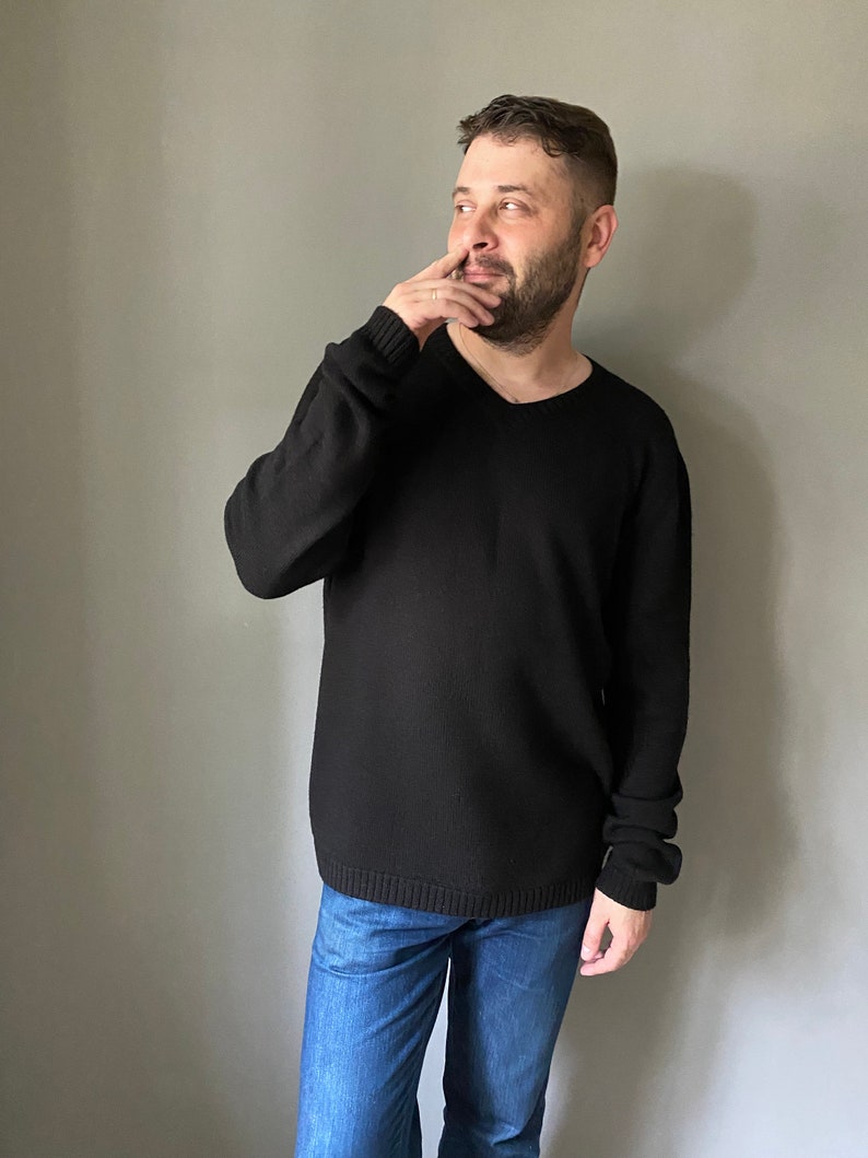 Black knit sweater for men. Casual dark sweater for Him. Merino wool oversized pullover. Father's Day gift. Soft knit sweater for a man. image 5