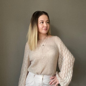 See through mohair sweater with loose baloon sleeves for women. Hand knit beige sweater for her. Floral print sleeve sweater. Custom knit. image 7