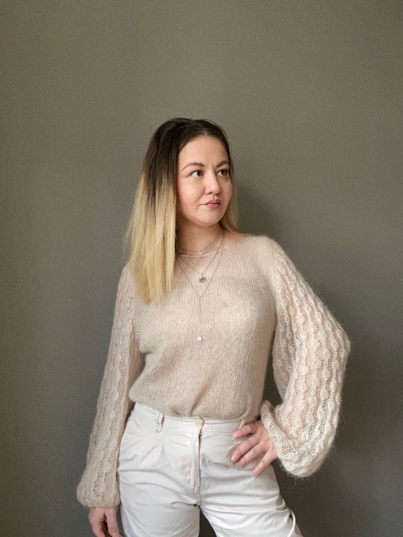 See through mohair sweater with loose baloon sleeves for women. Hand knit beige sweater for her. Floral print sleeve sweater. Custom knit. image 7