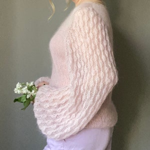 See through mohair sweater with loose sleeves for women. Hand knit mohair sweater. Lightweight baloon sleeves beige pullover sweater for Her image 8