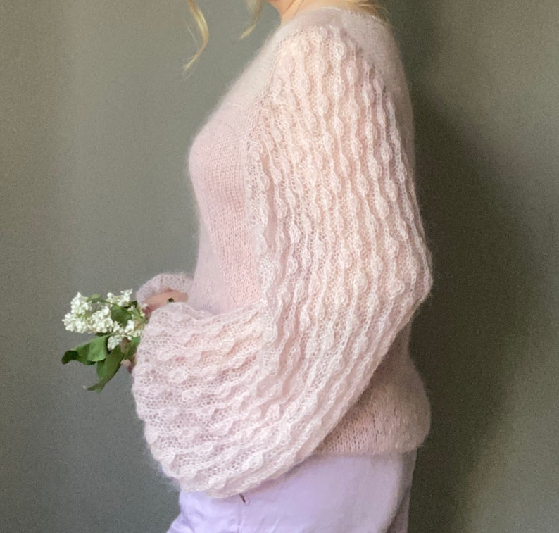 See through mohair sweater with loose sleeves for women. Hand knit mohair sweater. Lightweight baloon sleeves beige pullover sweater for Her image 8