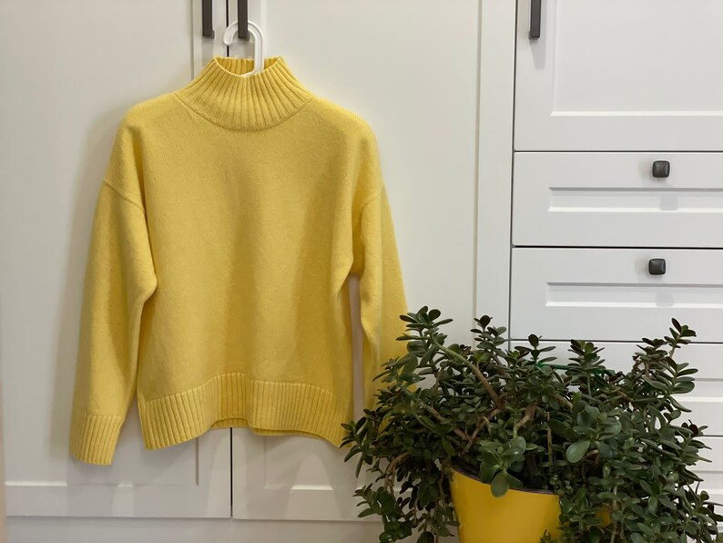 Yellow turtleneck sweater for women. Oversized nordic hygge sweater. Loose merino wool sweater. Fluffy hand knit sweater with high neck. image 3